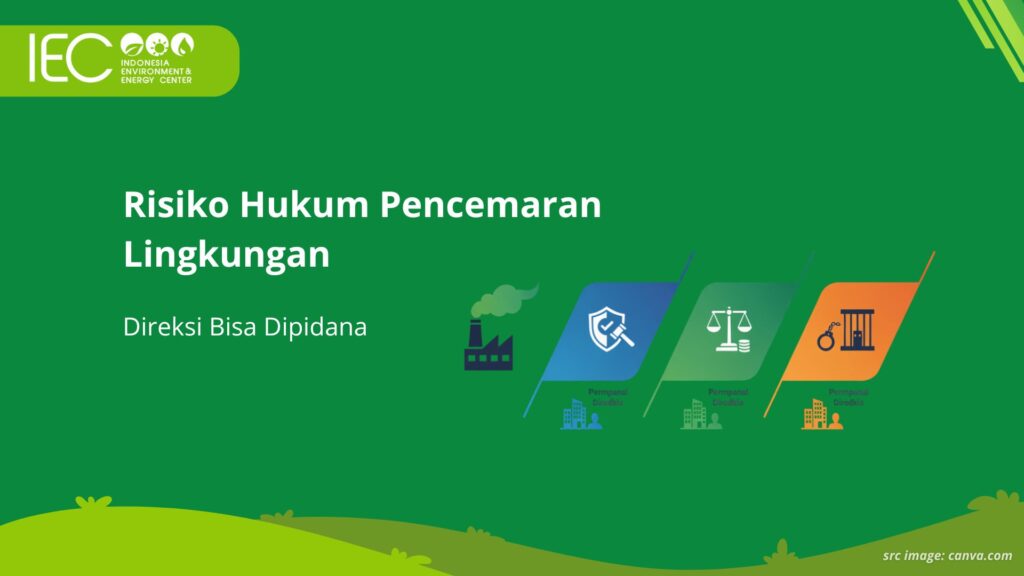 Infografis risiko hukum pencemaran lingkungan: sanksi administratif, perdata, dan pidana bagi perusahaan dan direksi.