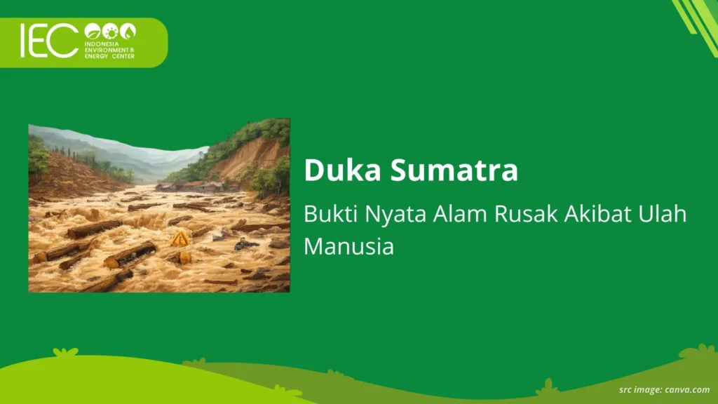 Kondisi banjir bandang di Sumatra dengan material kayu gelondongan dan air keruh kecokelatan akibat kerusakan hutan di hulu sungai.