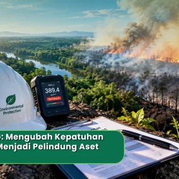 Ilustrasi strategi PKEG: helm safety Environmental Protection, alat ukur PM2.5 389,4 ug/m3 berlabel Berbahaya, dengan latar kebakaran hutan dan lahan gambut dari udara