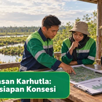 Ilustrasi tim lingkungan meninjau peta dan catatan pemantauan di dekat lahan gambut